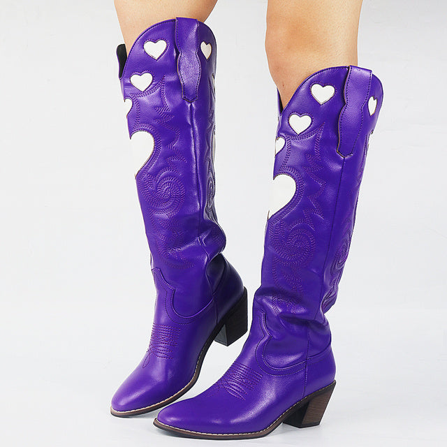 INS Hot Vintage Cowboy Cowgirl Boots Women Chunky Hear