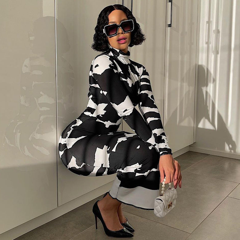 Floral Print Turtleneck Long Sleeve Slim Fit Slimming Dress