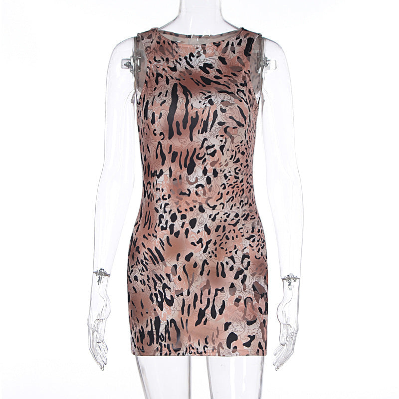 Sleeveless Leopard-print Slim-fit Hip-wrapped Short Dress
