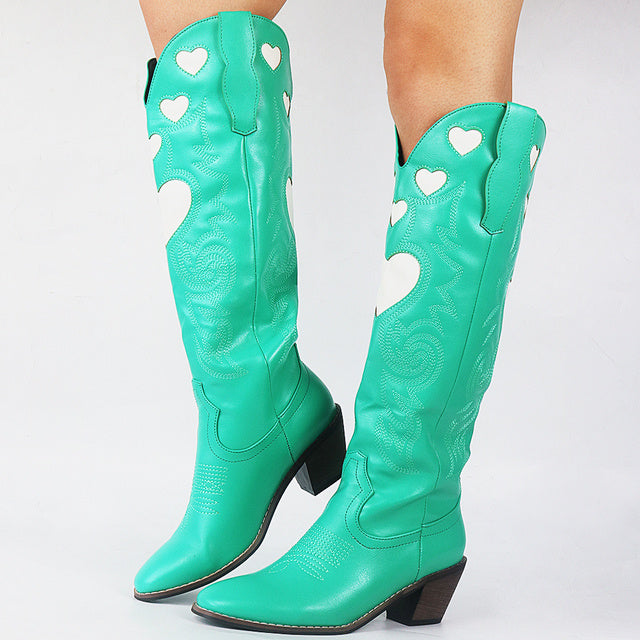 INS Hot Vintage Cowboy Cowgirl Boots Women Chunky Hear
