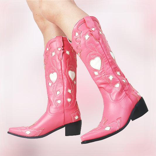 INS Hot Vintage Cowboy Cowgirl Boots Women Chunky Hear