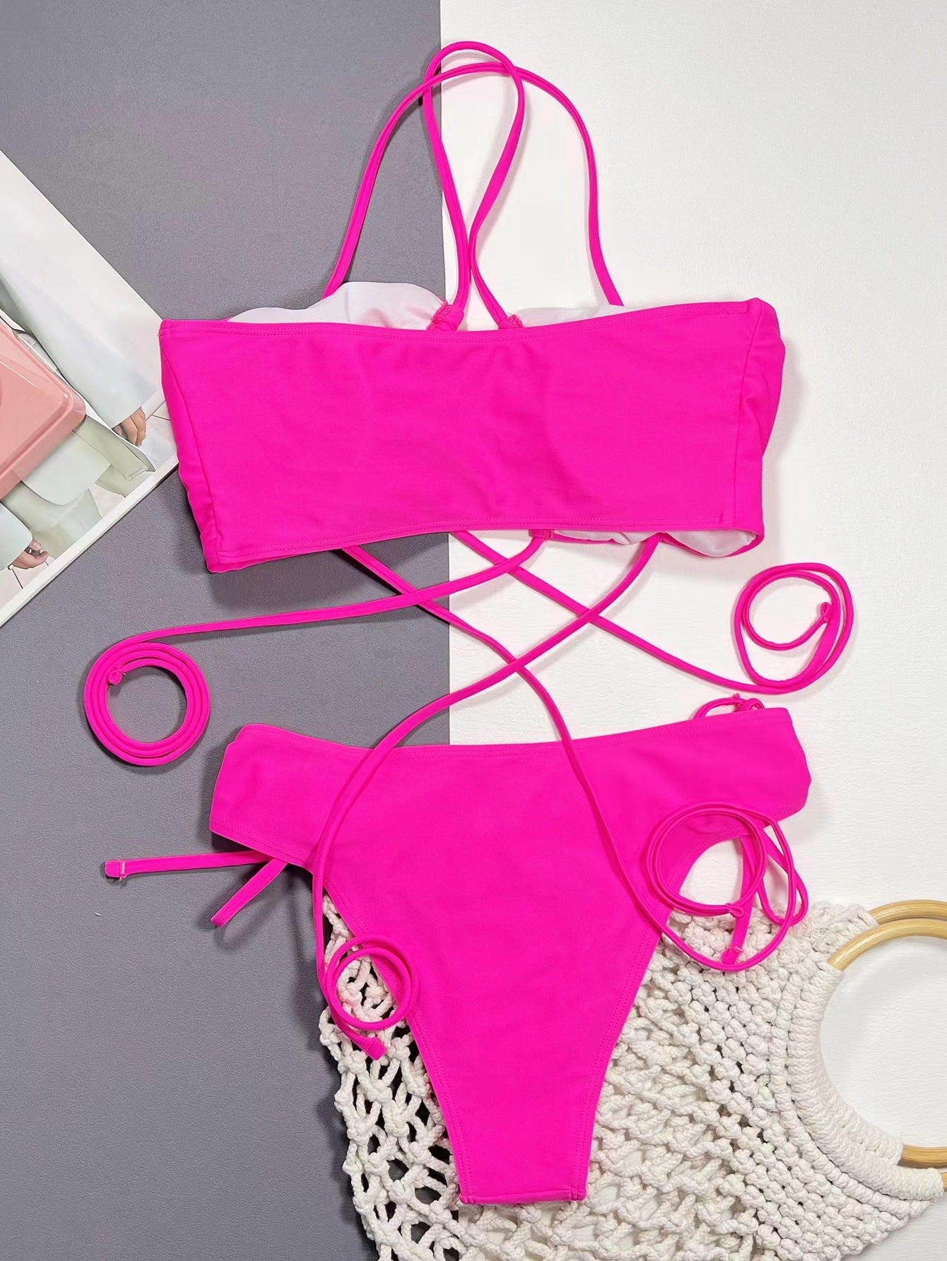 New Bikini Split Women's Swimsuit Solid Color Lace-up Sexy